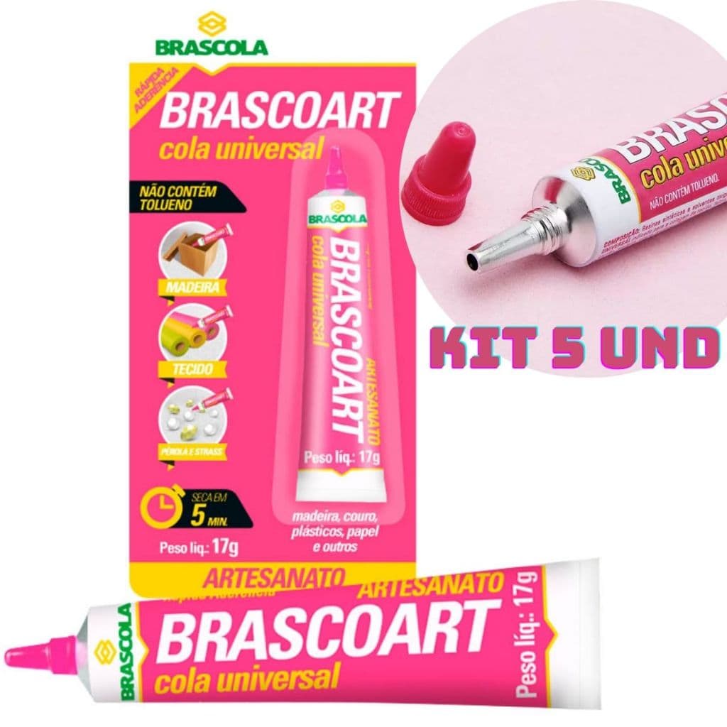 Kit 5 Cola Universal Brascoart 17g ARTESANATO Papel Couro Madeira Plástico Tecido