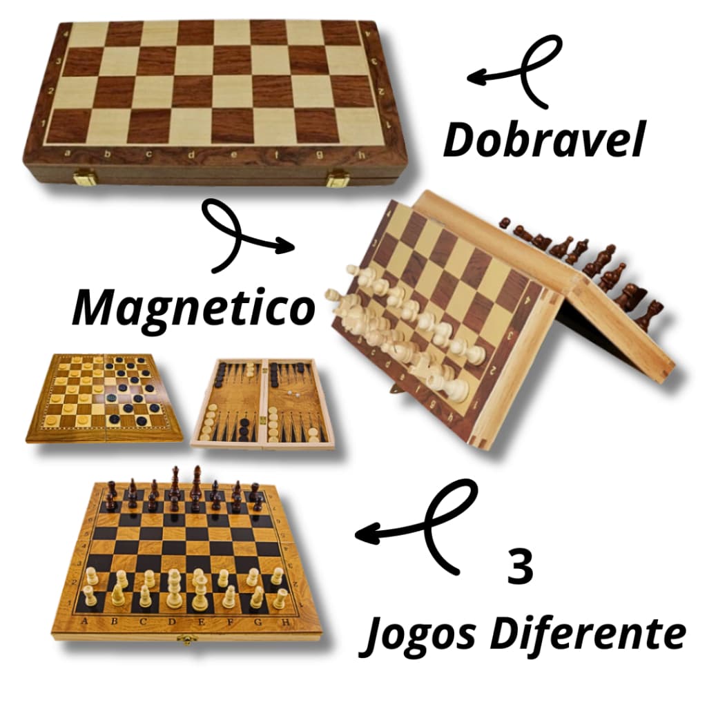 Jogo de Xadrez Dama Gamao Tabuleiro Profissional Magnetico Madeira 3 EM 1