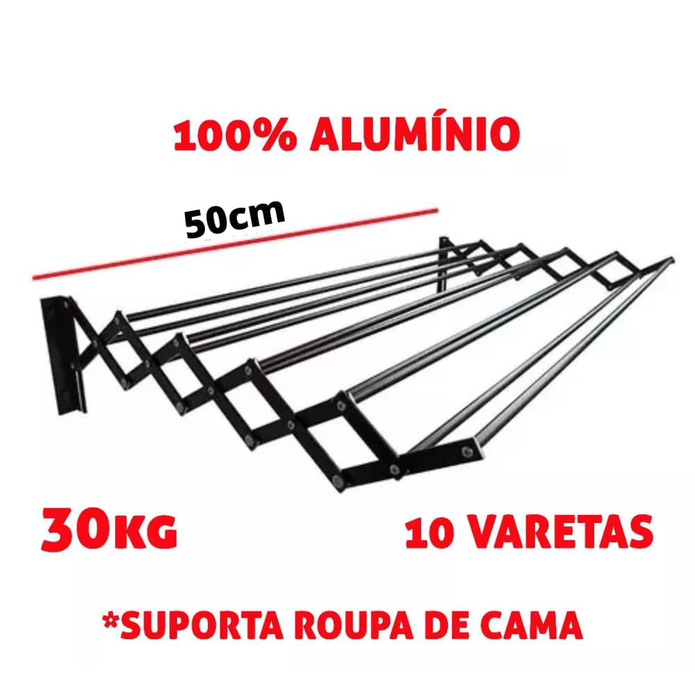 Varal de Parede Reforçado 50 Cm Forte Roupa De Cama Alumínio Sanfonado