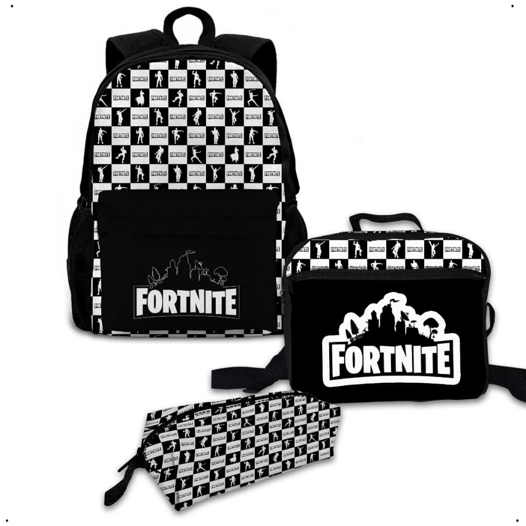 Mochila + Estojo + Lancheira Kit Promocional Fortnite Jogo Infantil Top Ajustável Confortável Grande