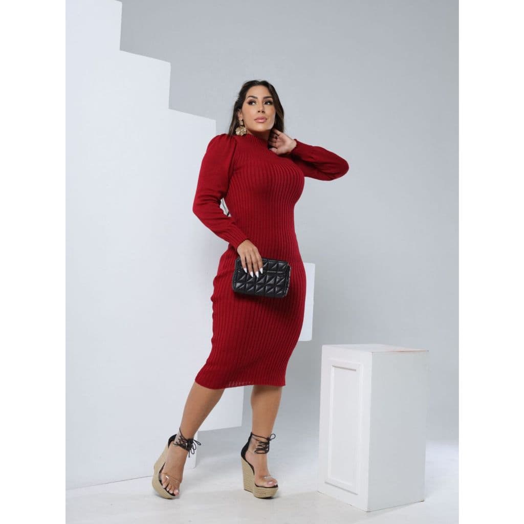 Vestido Midi Tricô Manga Longa  Vestido Tubinho Trico Lançamento fashion Inverno