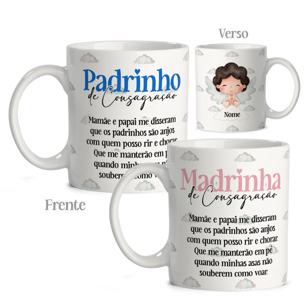 Caneca Presente Dindos Batismo Consagração Anjinho Madrinha Padrinho - Kit 2 Unidades