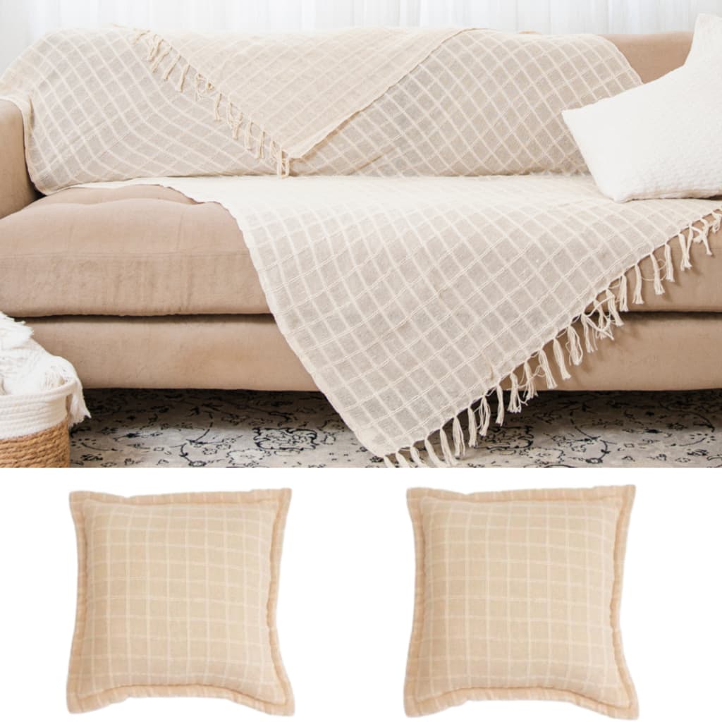 Kit Manta Para Sofá Cru Com Franjas + 2 Capas De Almofadas Luxo 100% Algodão