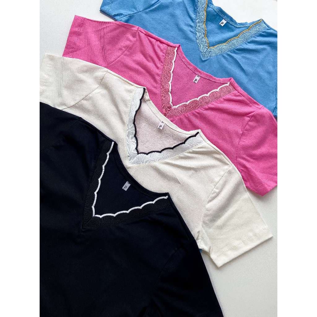 Blusa T shirt Camiseta Babylook Basica Gola V com Lurex