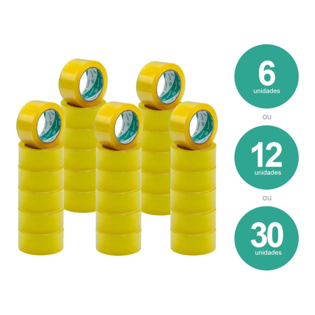 Kit 6, 12 ou 30 Rolos de Fita Adesiva Grande 4,8cmx100m para Embalagem Transparente ou Marrom