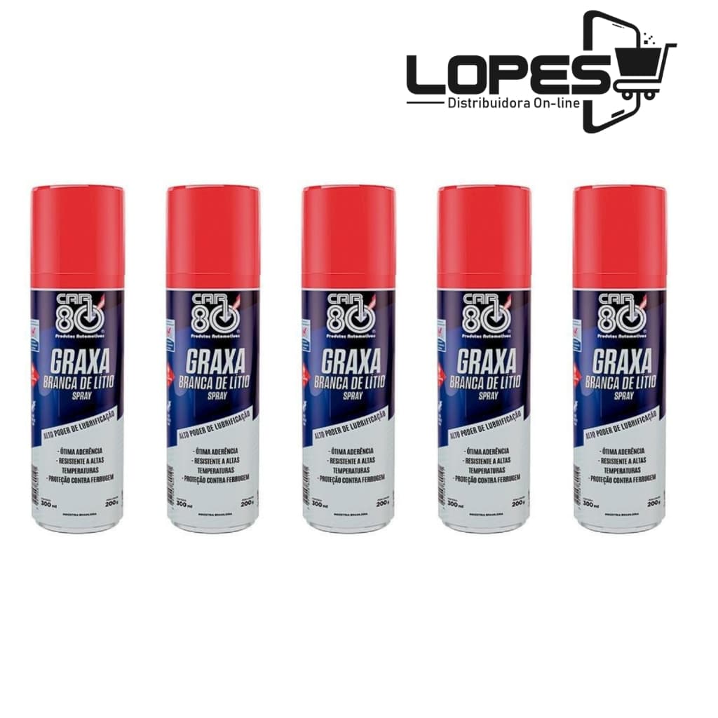 5 Unidades Graxa Branca De Lítio Spray 300ml Car80 lubrificação Intensa Proteção contra ferrugem e Fácil Aplicação