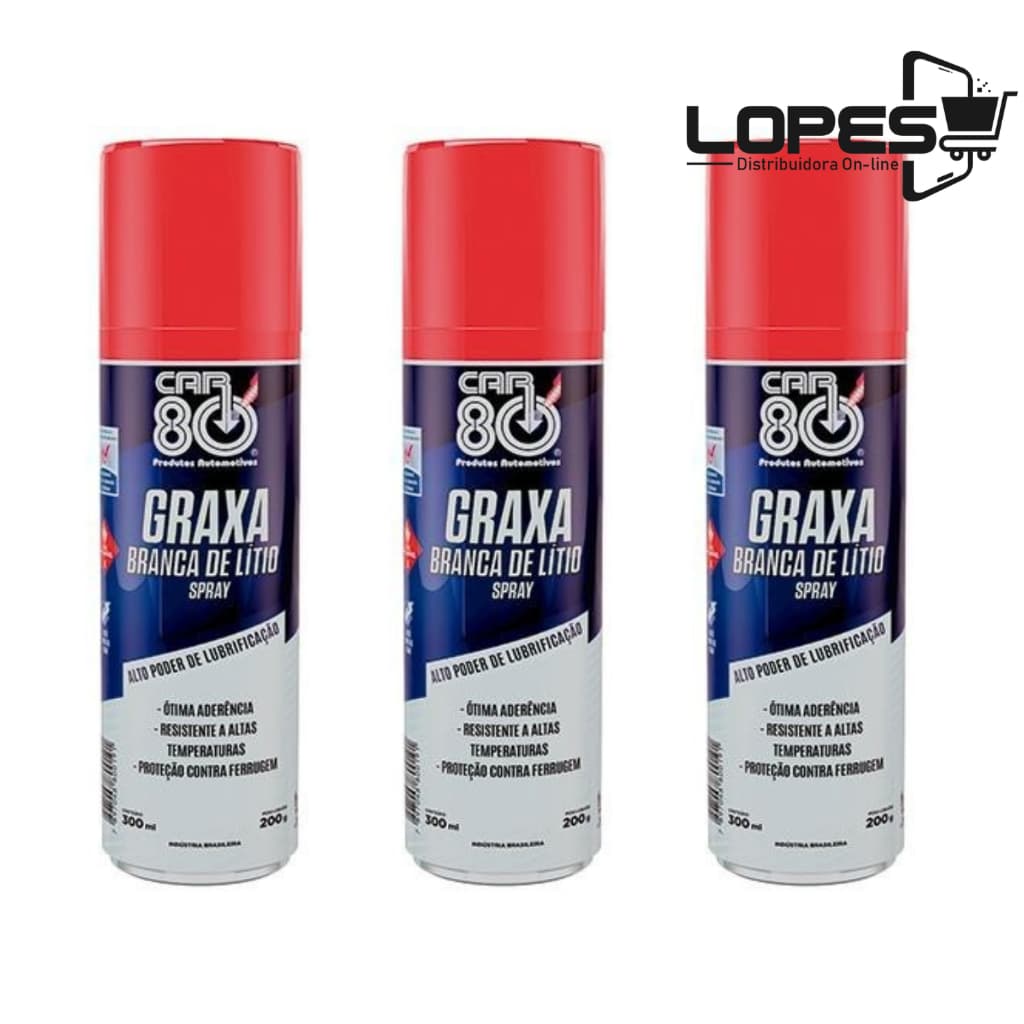 3 Unidades Graxa Branca De Lítio Spray 300ml Car80 lubrificação Intensa Proteção contra ferrugem e Fácil Aplicação