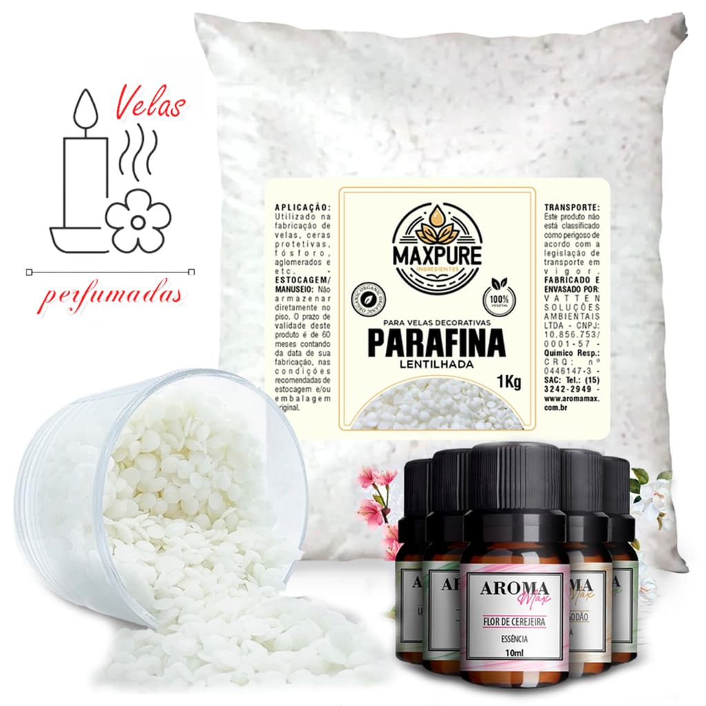 Kit Parafina Lentilhada 1kg + Essência 10ml p/ Difusores e Fazer Velas Perfumadas e Aromatizadas