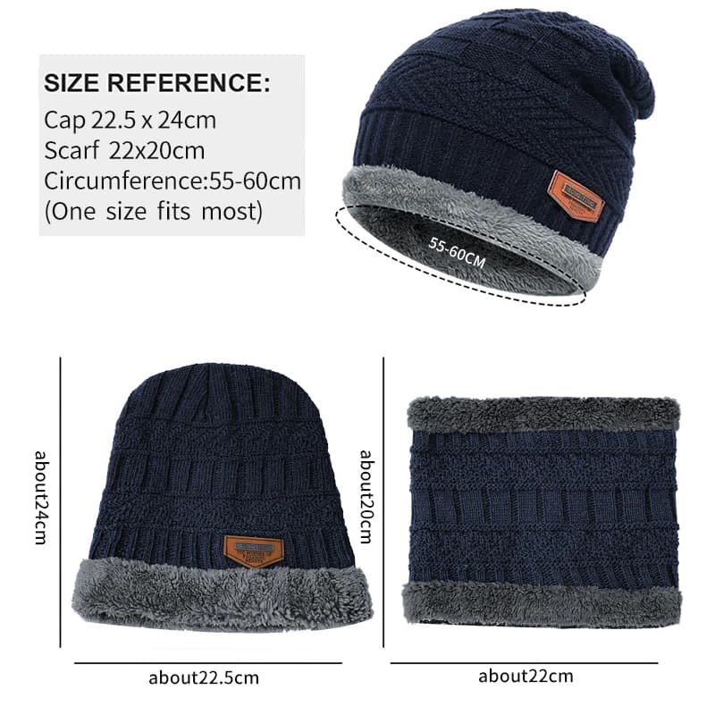 Conjunto de gorro grosso  malha para homens e mulheres, cachecol de lã feminino, máscara Balaclava