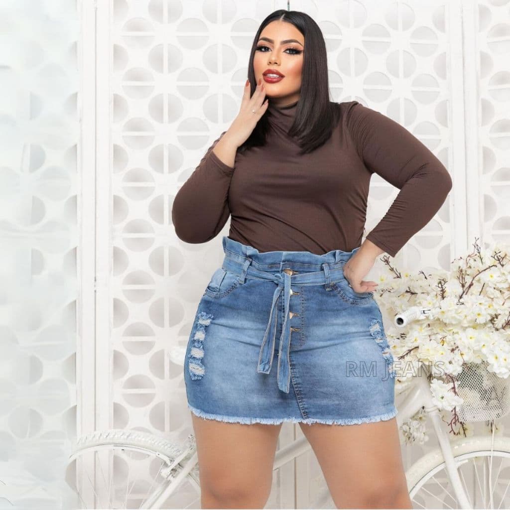 saia jeans feminina plus size com Lycra azul claro cos de babadinho