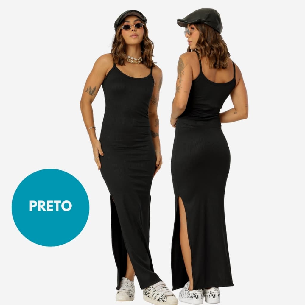 Vestido Canelado Longo com Fenda Lateral de Alcinha Varias Cores