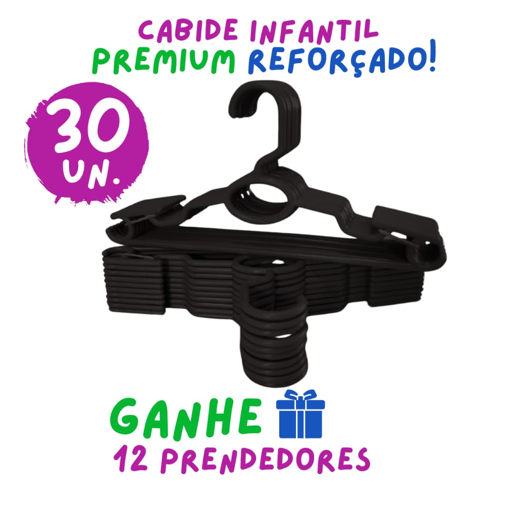 Kit 30 Cabides Infantil Bebê Baby Reforçado Preto Plástico Cruzeta Roupa Resistente Premium