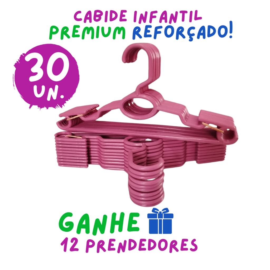 Kit 30 Cabides Infantil Bebê Baby Reforçado Rosa Plástico Cruzeta Roupa Resistente Premium