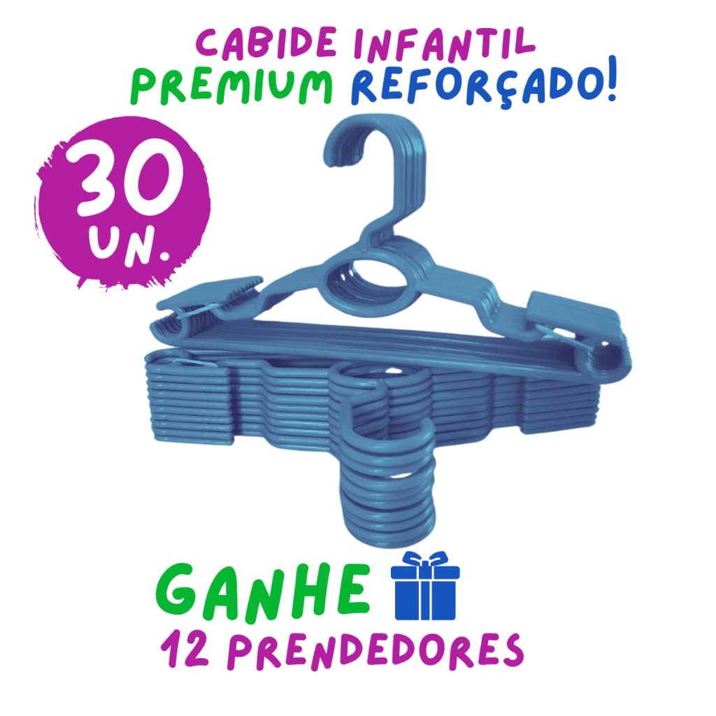 Kit 30 Cabides Infantil Bebê Baby Reforçado Azul Plástico Cruzeta Roupa Resistente Premium