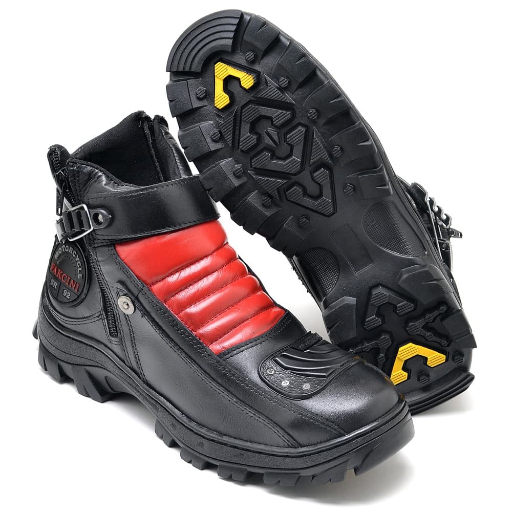 Bota Masculina Motociclista com Protetor Couro Legítmo Racing Fakcini  471 Preto Vermelho