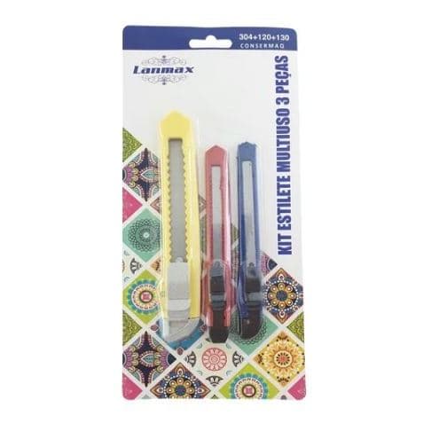 Kit C/ 3 Estilete Coloridos De Plástico Cortar C/ Lâmina Aço
