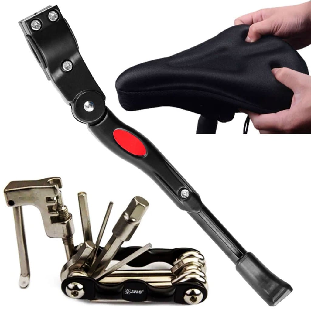 Kit Extrator Chave Multiuso Saca Colocar Pino + Capa de Banco Selim Silicone Gel Flexível + Pezinho Descanso Para Bike Lateral Com Regulagem 20 Até 29