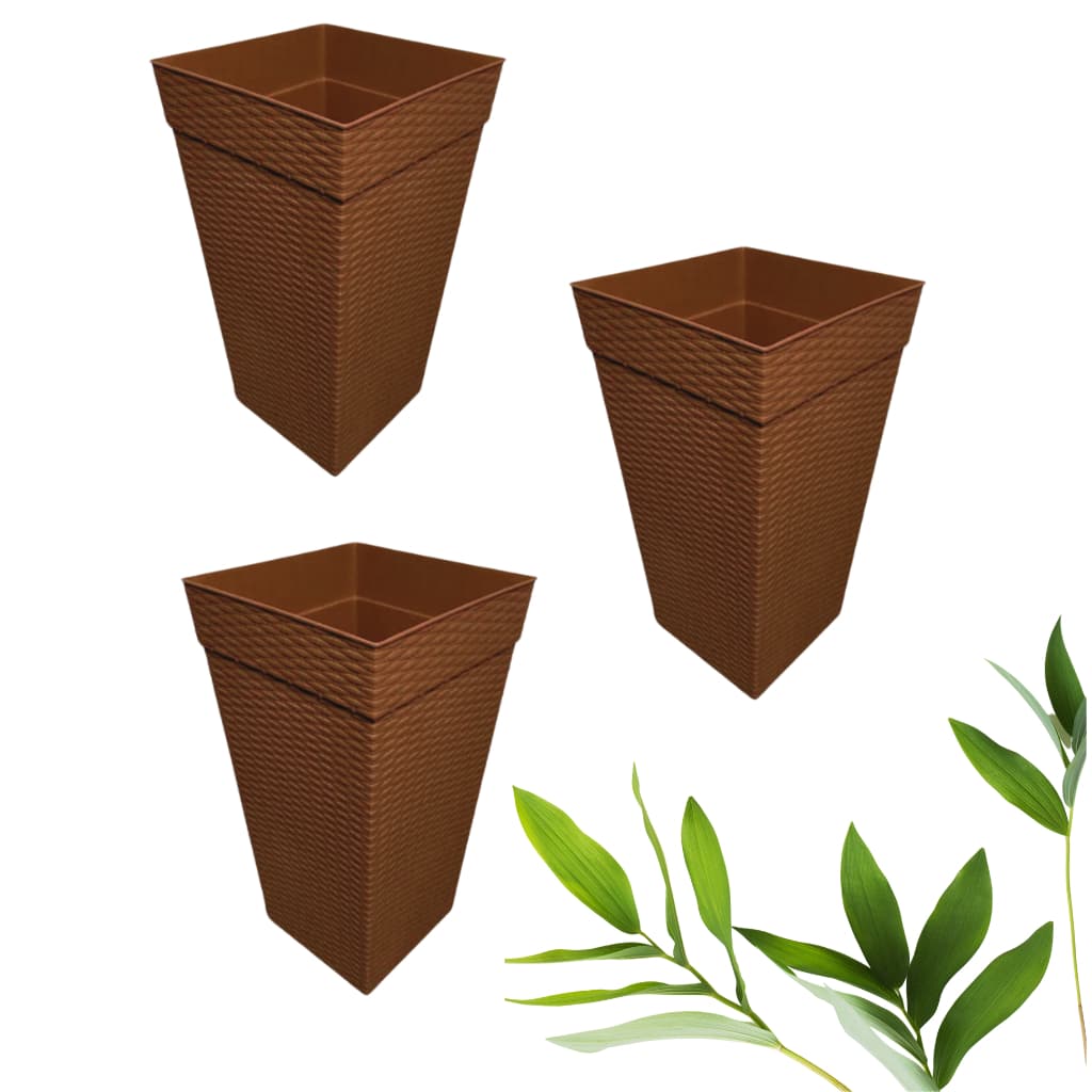 Kit 3 Vasos Grande Quadrado Rattan Para Flores e Plantas 17,5 Litros - Marrom