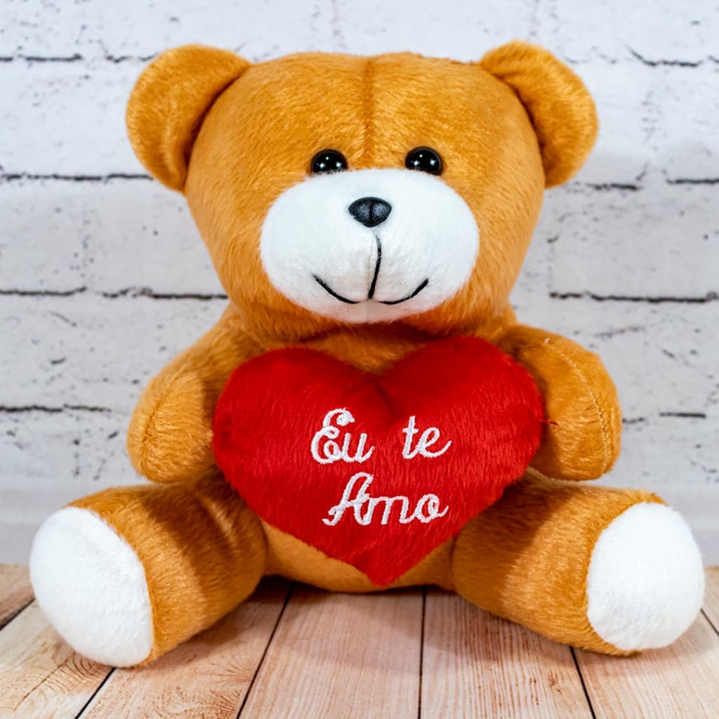 Urso Apaixonado de Pelúcia Com Coração Eu Te Amo - Caramelo - 22 Centímetros