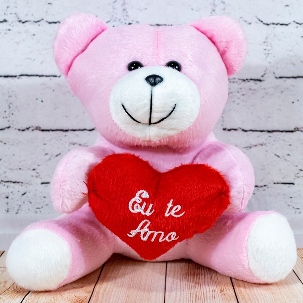 Urso Apaixonado de Pelúcia Com Coração Eu Te Amo - Rosa - 22 Centímetros