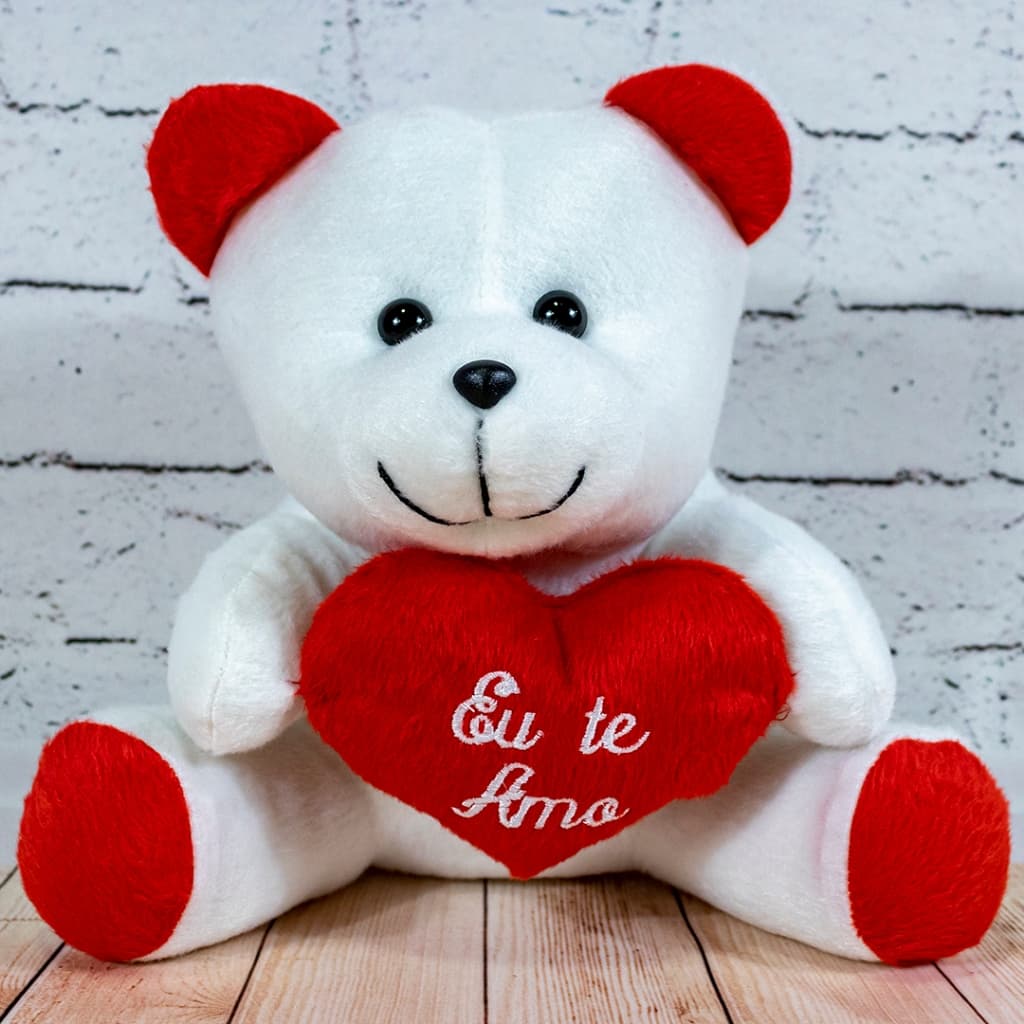 Urso Apaixonado de Pelúcia Com Coração Eu Te Amo - Branco - 22 Centímetros