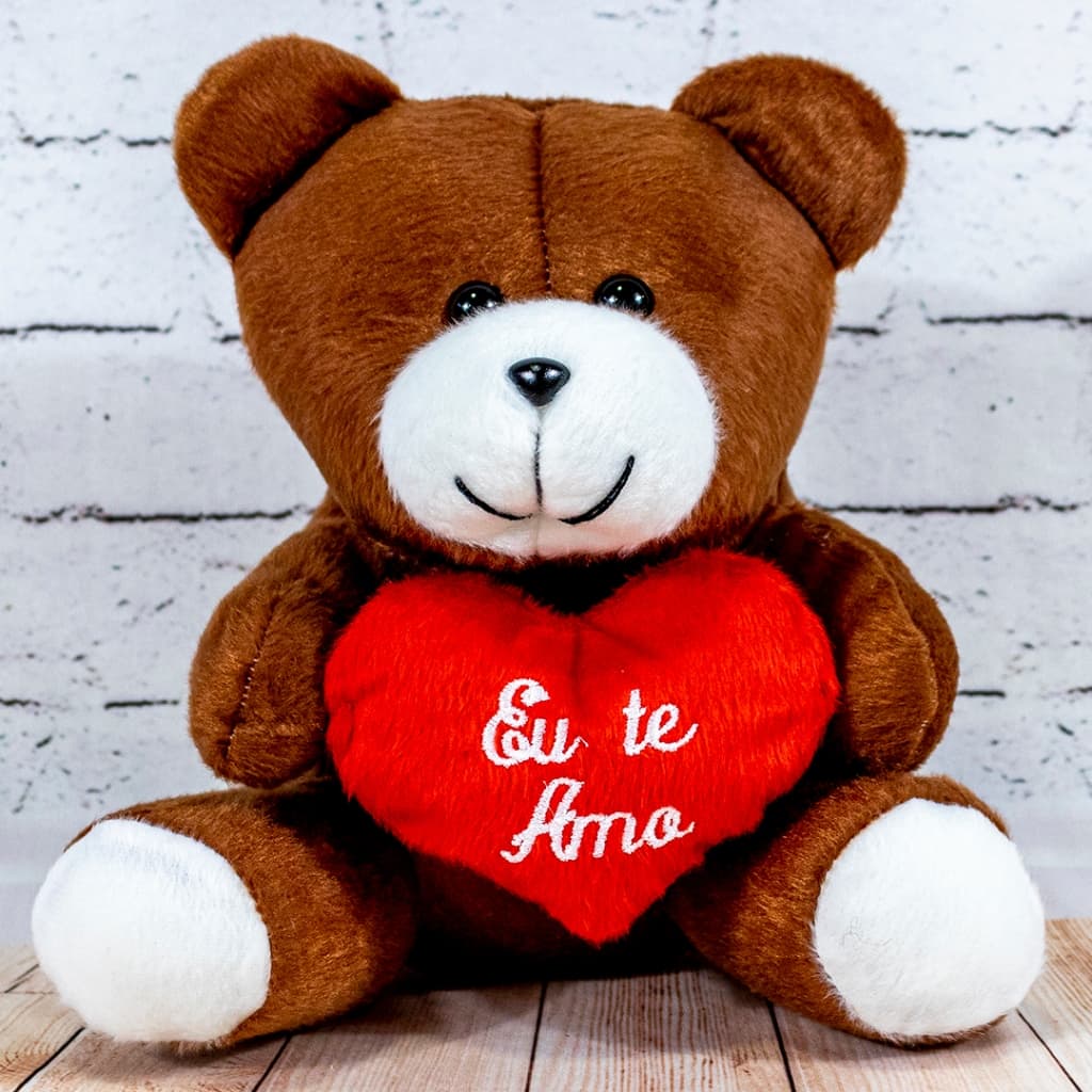 Urso Apaixonado de Pelúcia Com Coração Eu Te Amo - Marrom - 22 Centímetros