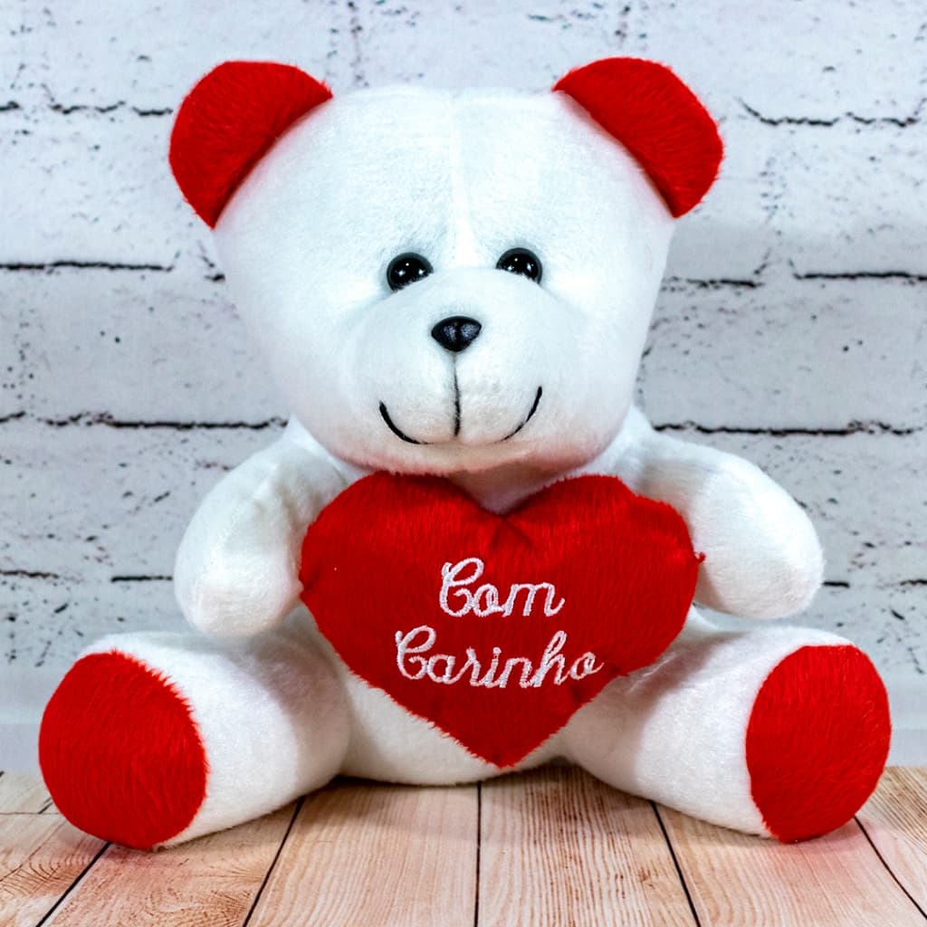 Urso Apaixonado de Pelúcia Com Coração Com Carinho - Branco - 22 Centímetros