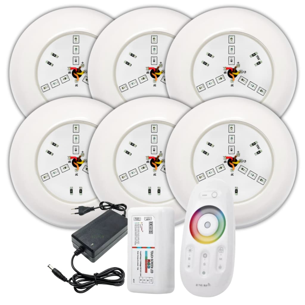 Kit Iluminação Piscina 06 Super Leds 9w ABS Rgb + Comando Touch e Fonte 12v