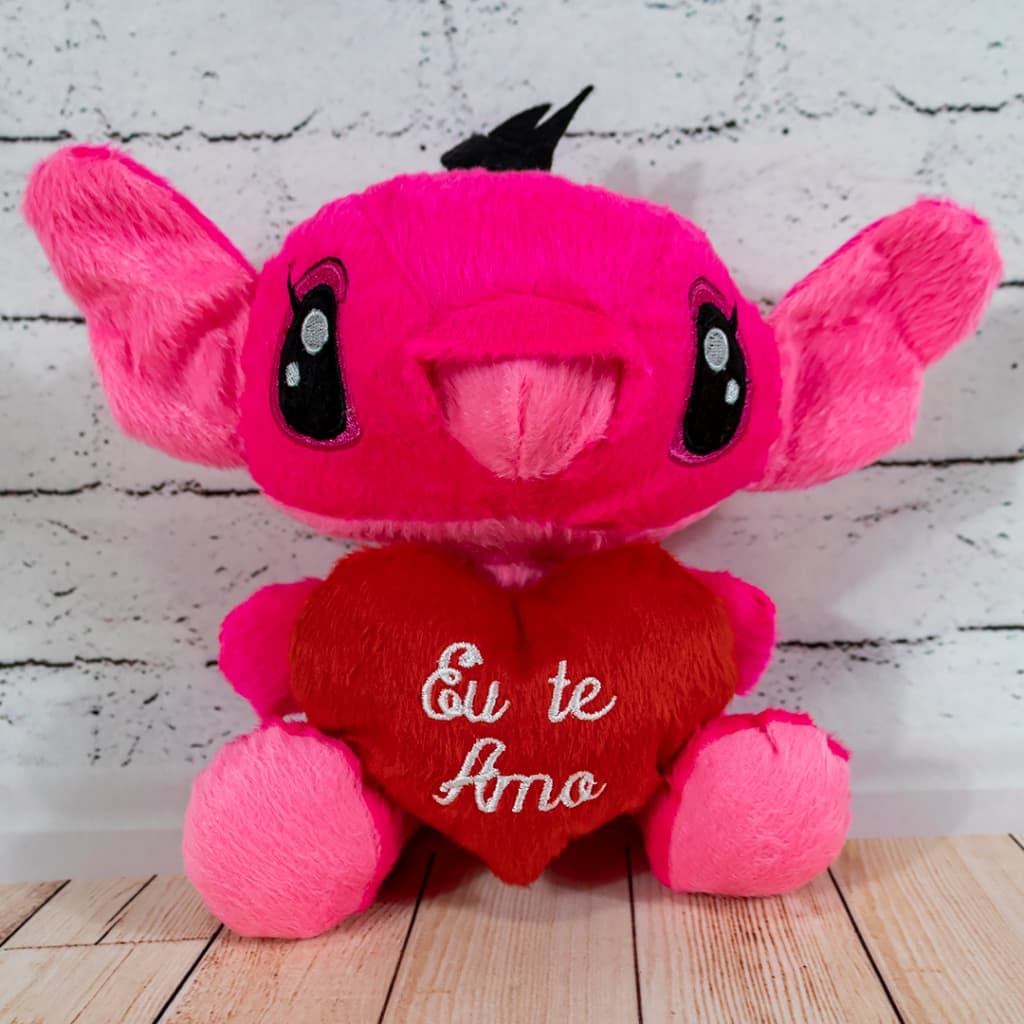 Boneco de Pelúcia Stitch com Coração Eu Te Amo - Rosa - 20 Centímetros