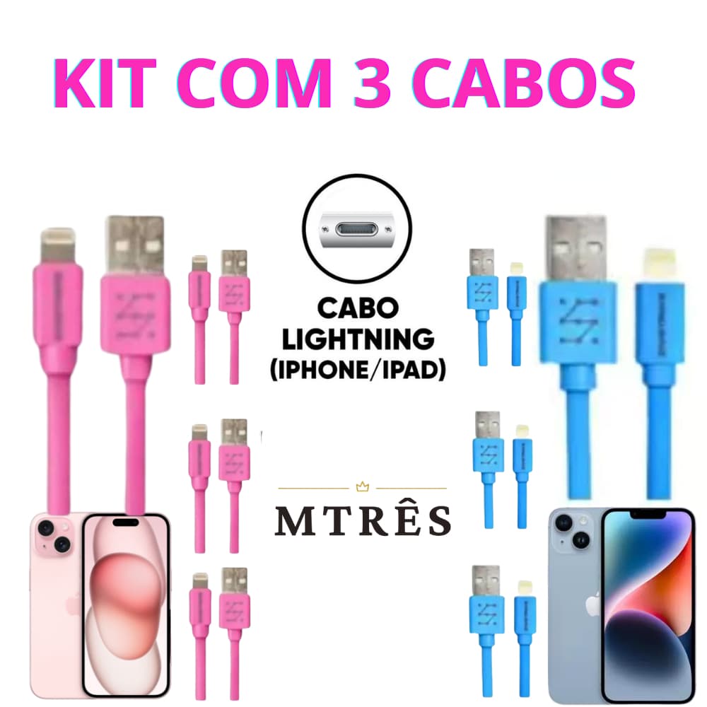 Kit Cabo Carregador e Dados com 3 unidades Rosa Azul 1 metro  Lightning IOS Reforçado
