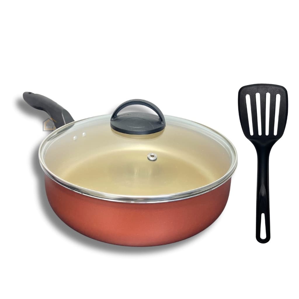 Frigideira Alta Funda 18 cm Antiaderente Teflon  com Tampa de Vidro + Espátula Nylon