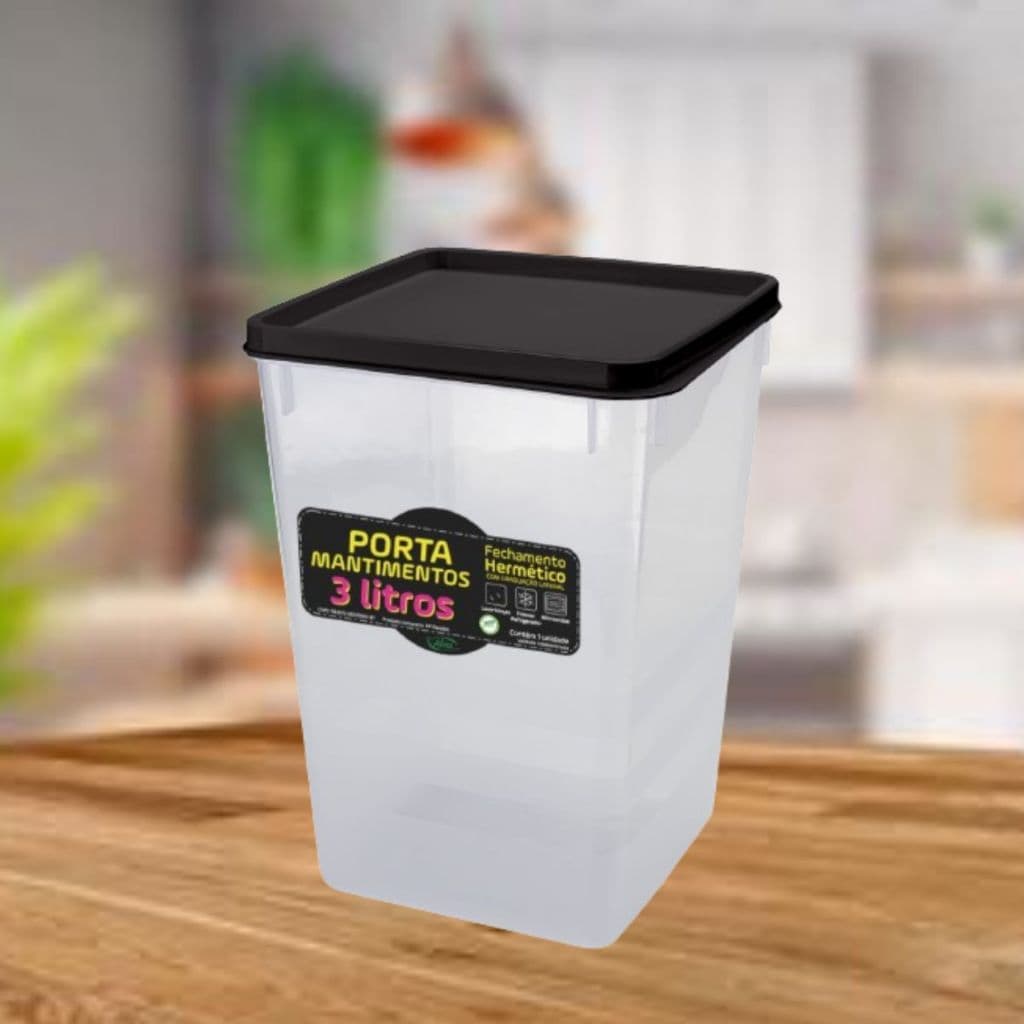 Pote Mantimento Hermético Capacidade 3,0 Litros Tampa Preta Cozinha Empilhável Organizador Tampa e Trava