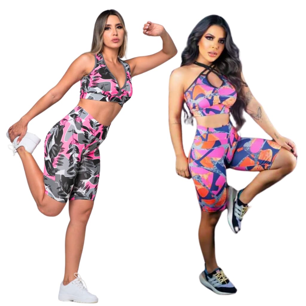 KIT 2 Conjunto Academia  Fitnes Feminina Estampado Ginástica Treino Ciclitsta Suplex
