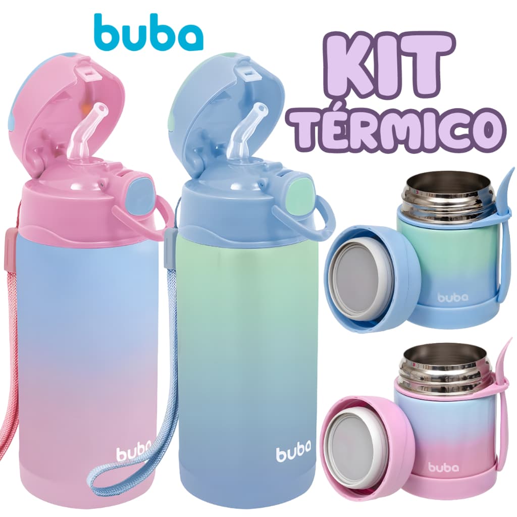 Kit Garrafa Térmica Infantil + Pote Térmico Infantil Buba Garrafinha Com Canudo e Potinho Conserva