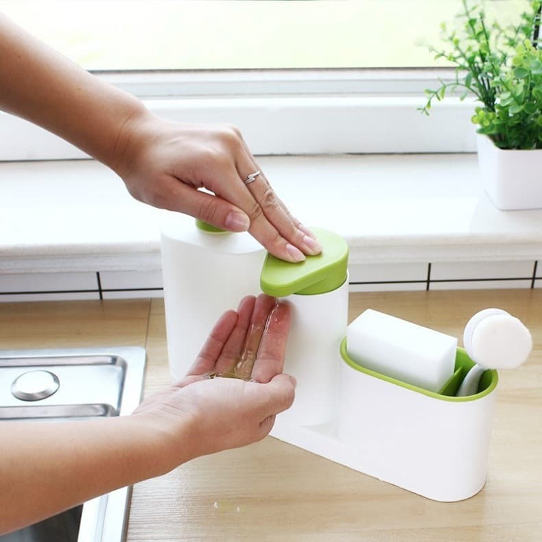 Dispenser Porta Detergente 2 EM 1 com Suporte Bucha Escova Cozinha 350 ml Sabão Sabonete liquido