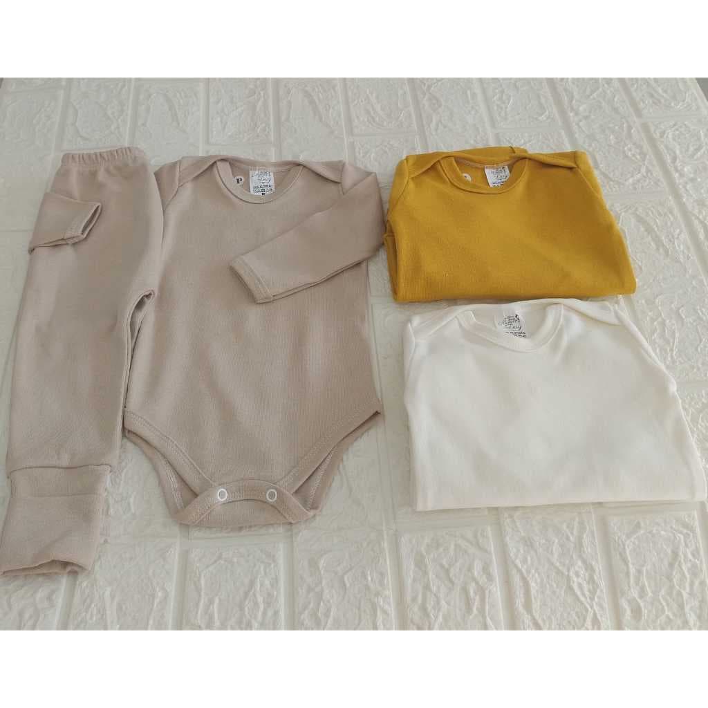 kit 6 peças 3 body e 3 calça mijão vira pé malha suedine 100% algodão bebê menina menino