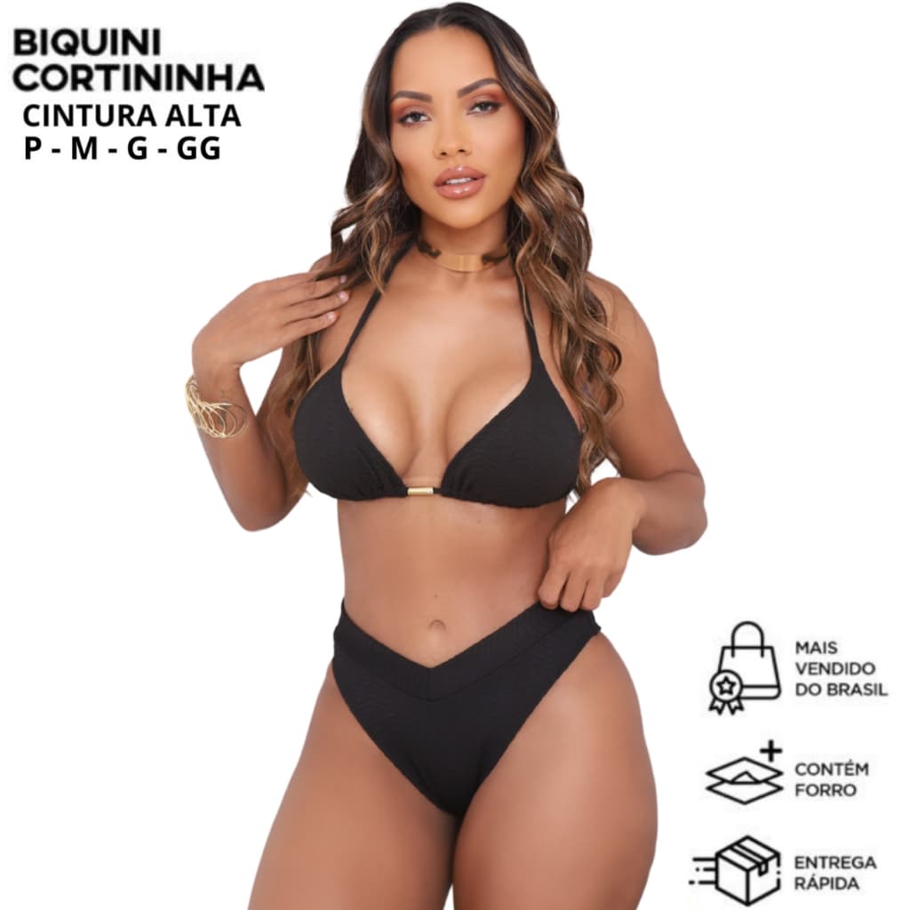 Conjunto Biquíni Top Cortininha Calcinha Asa Delta Cintura Alta Canelado