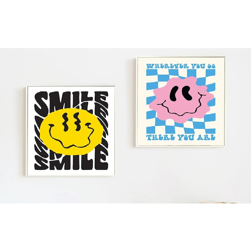 Quadros decorativos Smile face Happy duo colorido (2 peças)