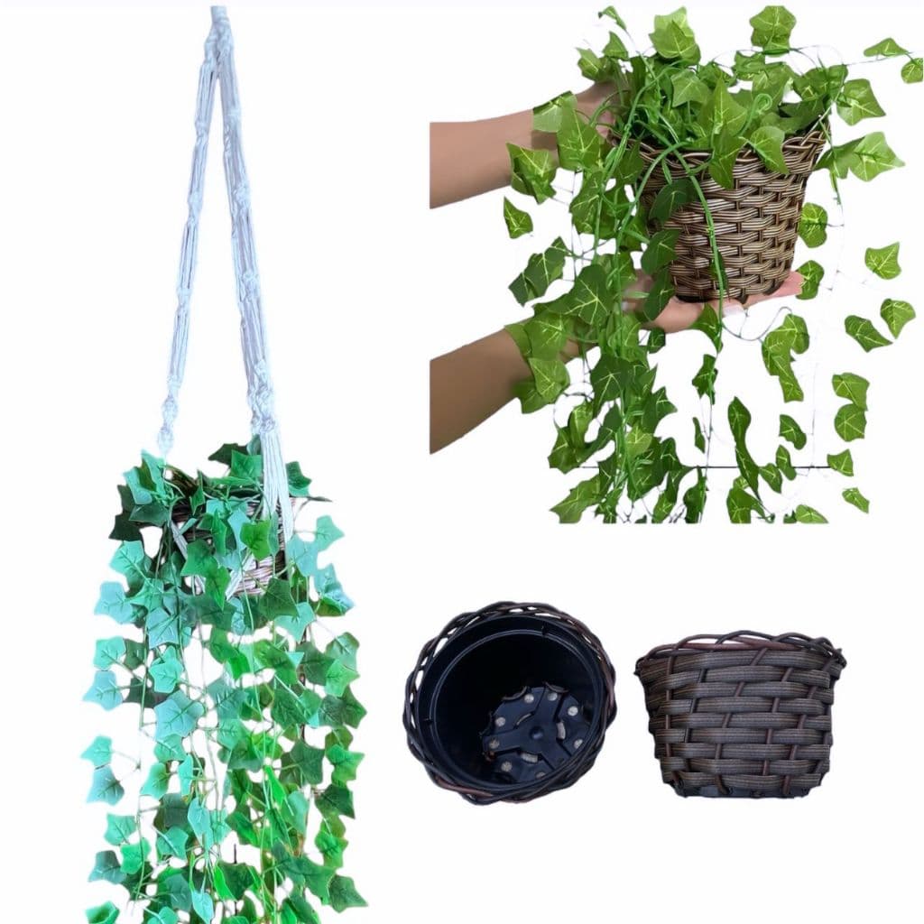 3 KIT Arranjo GRANDE Macrame + Planta Decorativa + Vaso Trançado Marrom 3 Pendentes Artificial Folhas de Hera pt15