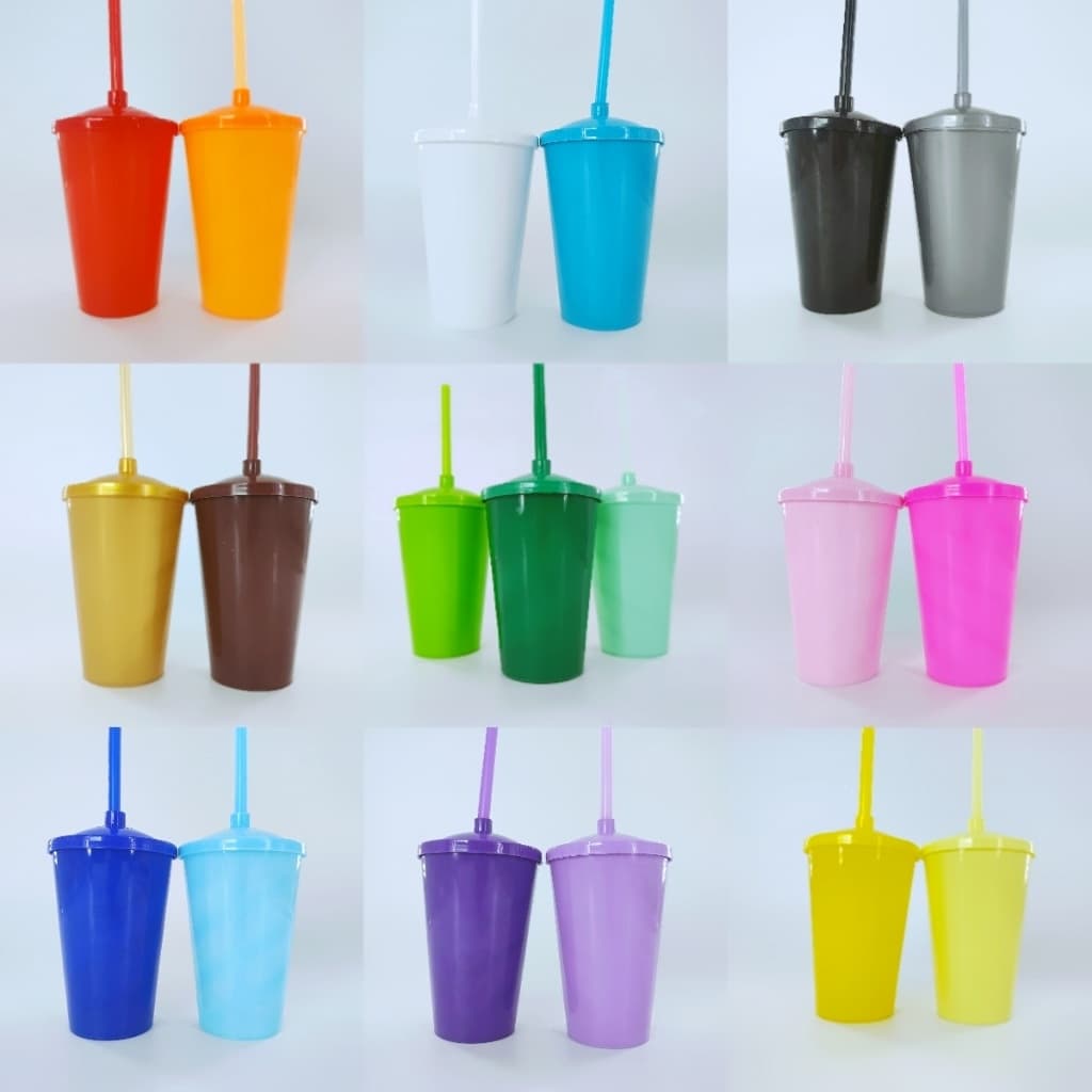 10 copos Twister 400ml Sólido com tampa e canudo