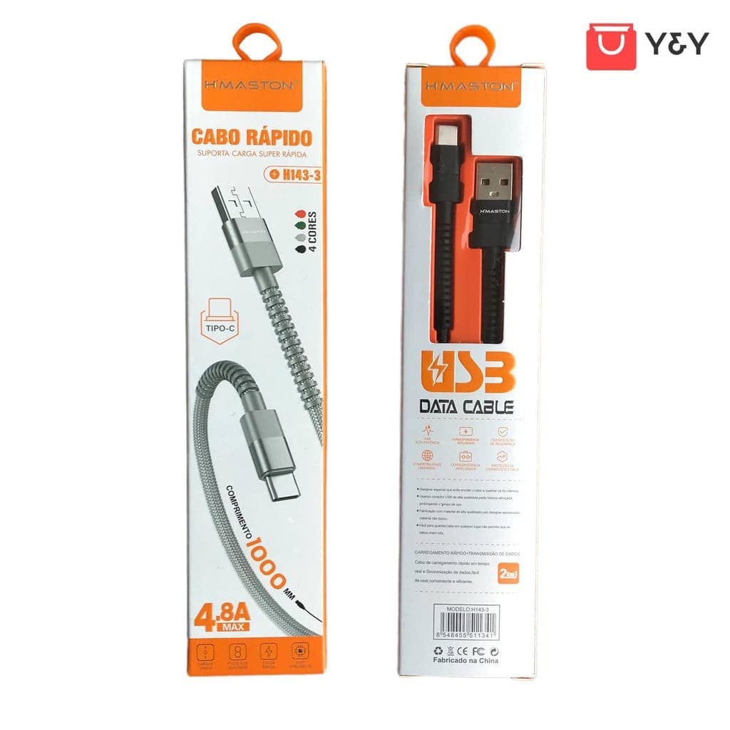 Kit 5/10 Cabo USB para Carregamento Rápido 4.8A Tipo-C/Lightning iPhone e Android Nylon Resistente H'Maston