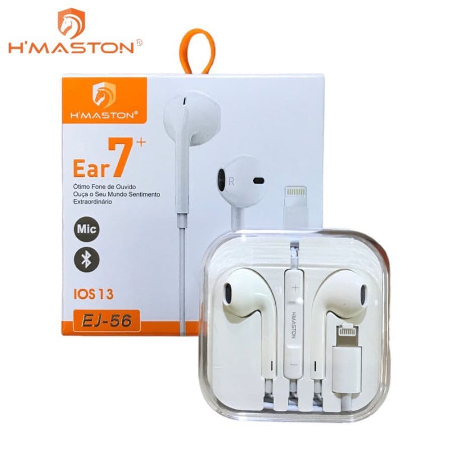Fone de Ouvido Com Fio Para Iphone Apple Lightning 7, 8 Plus, X, 11 12 13 14 Pro IPad Ear7 EJ-56 H'Maston (Bluetooh ON)