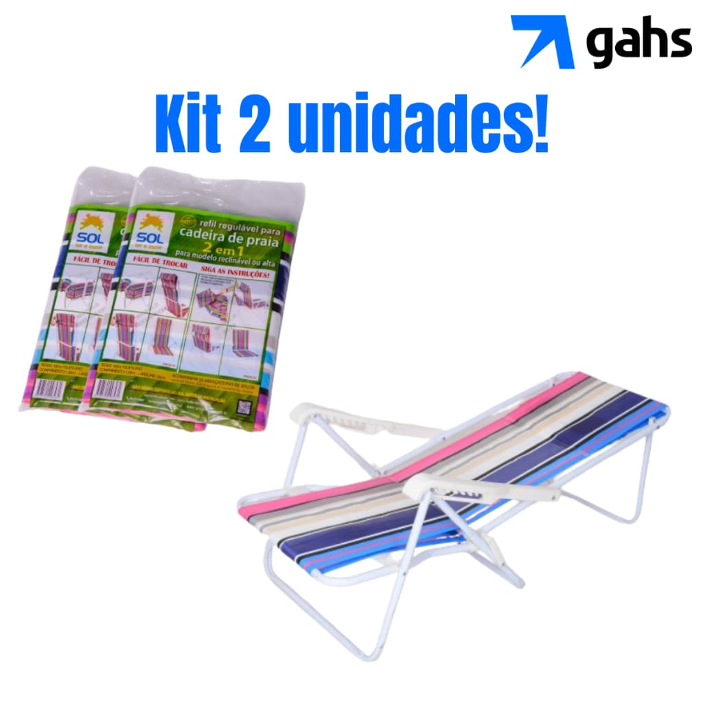 Kit 2 Refil Cadeira de Praia Reclinável 2 em 1 Tecido Nylon Colorido Capa Troca Facil