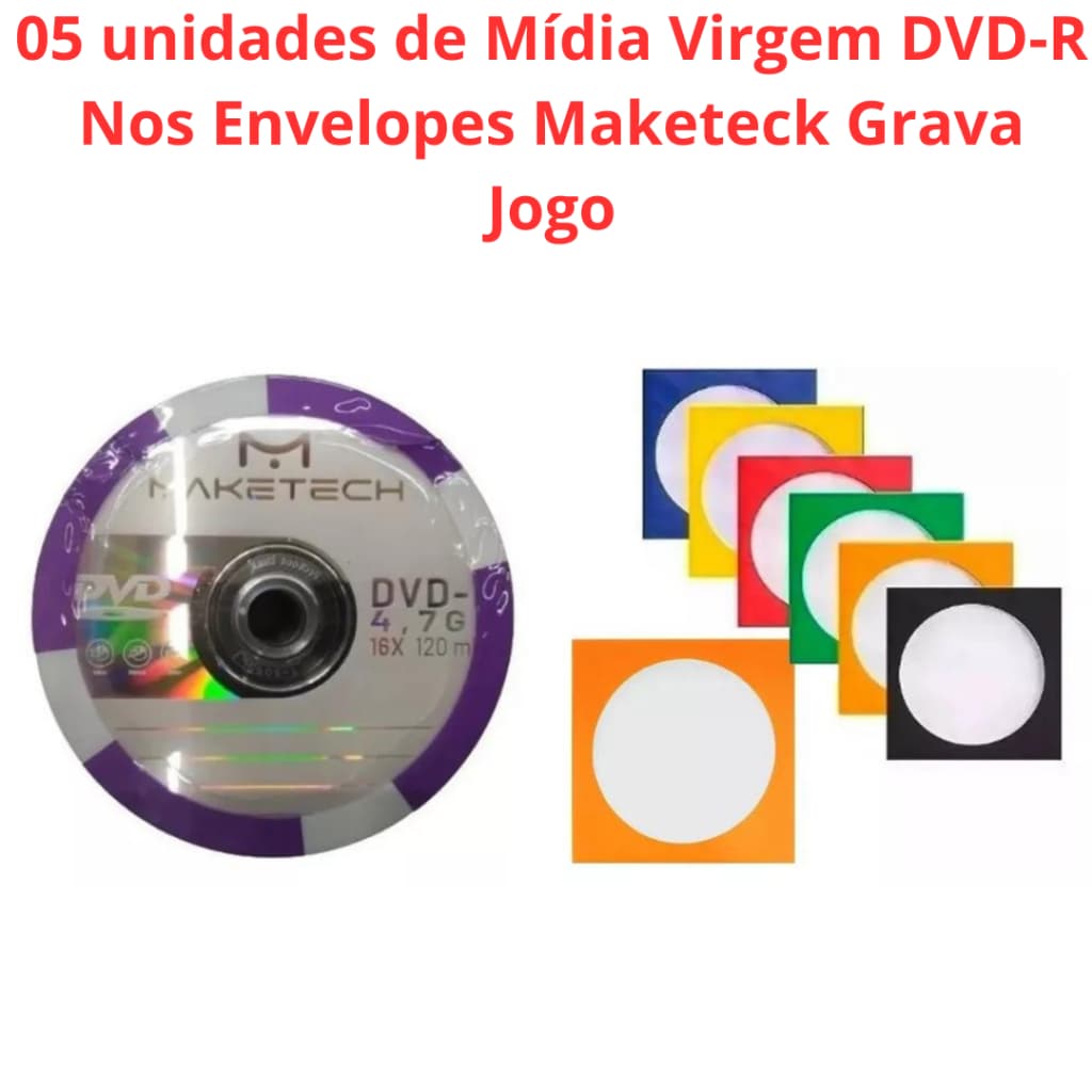 05 unidades de Mídia Virgem DVD-R Nos Envelopes Maketeck Grava Jogo