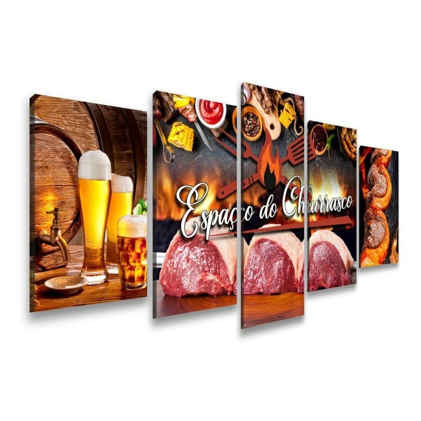 Quadro Mosaico 5 Peças Decorativo Espaço do Churrasco/Carnes e Cerveja Para Área de Lazer