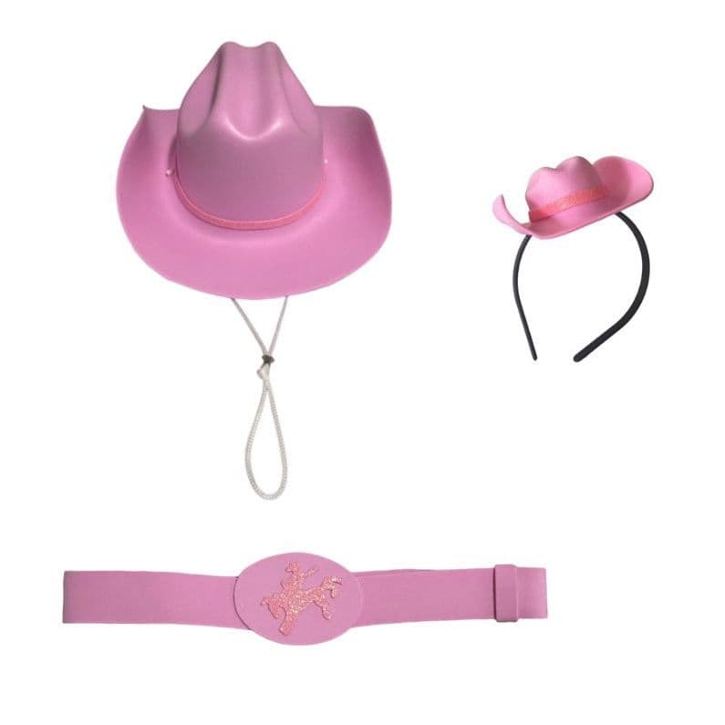 Kit Chapéu cowboy EVA  Rosa e Branco Com Tiara Cinto Cowgirl  Country Ajustável Infantil Faixa Rosa com Gliter