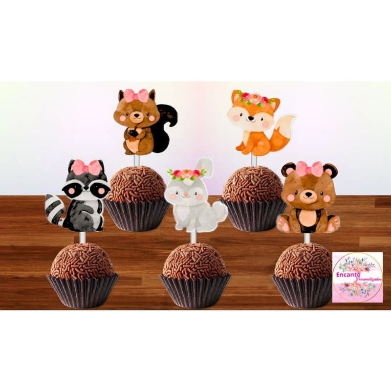 50 Tags Toppers P/Docinho para festa BOSQUE ENCANTADO AQUARELA, brigadeiro e beijinho