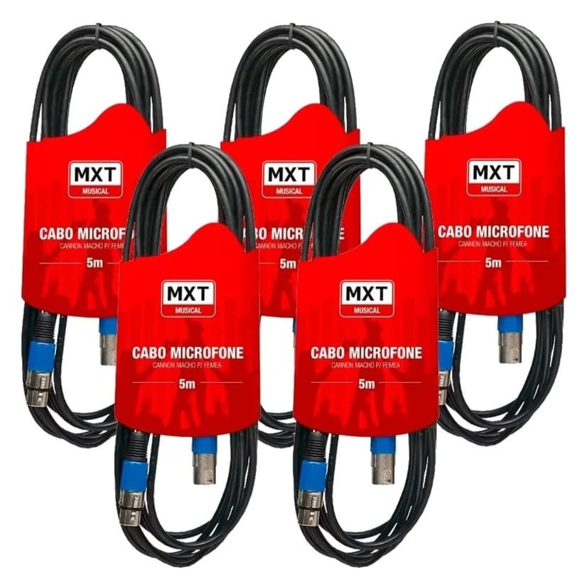 5 Cabos Microfone Xlr Canon Macho E Fêmea Balanceado 5 Metros cada