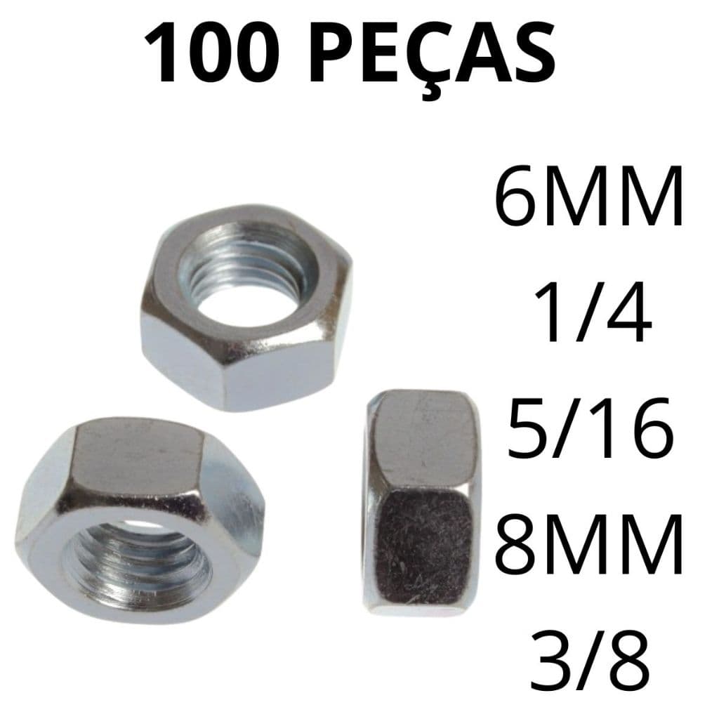 Kit 100 Peças Porca Sextavada Zincada 6mm 1/4 -  5/16 8mm 3/8 Rosca Grossa