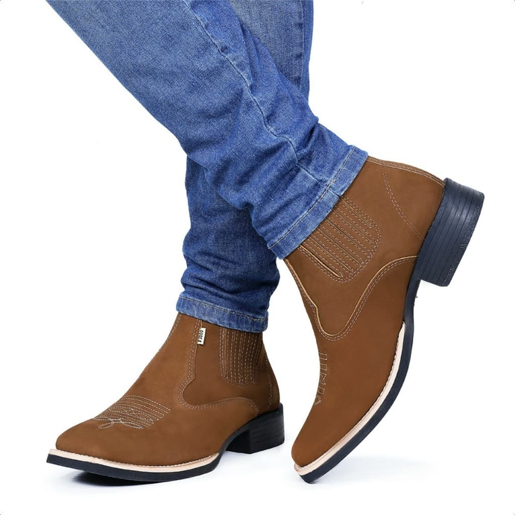 Bota Country Texana Masculina Bico Quadrado Cano Curto Couro Bovino